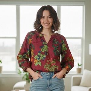 Talbots Burgundy Floral Print Berry & Fruit Tunic Top - Size L